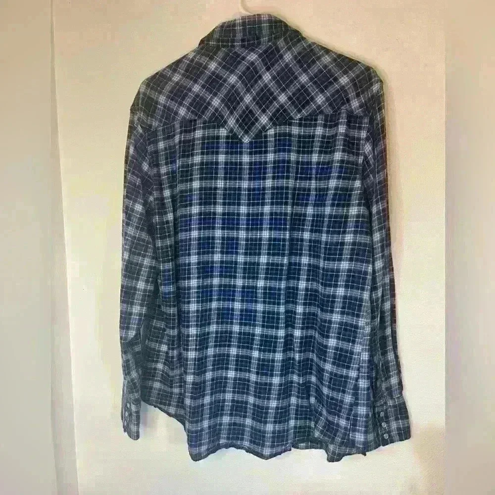 Wrangler Mens Large Long Sleeve Pearl Snap Pockets Collared Shirt Blue Plaid